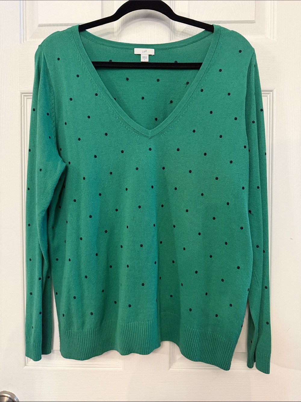 J. Jill Geen V-Neck Sweater with Navy Polka Dots, Large